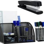 Neudeco Desk Organizers and Accessories, Office Supplies Mesh Desk Organizer Caddy with Drawer 6 Compartments + Pen Holder / 72 Paper Clips Binder Clips Set, Black Desktop Organizer for Home Office